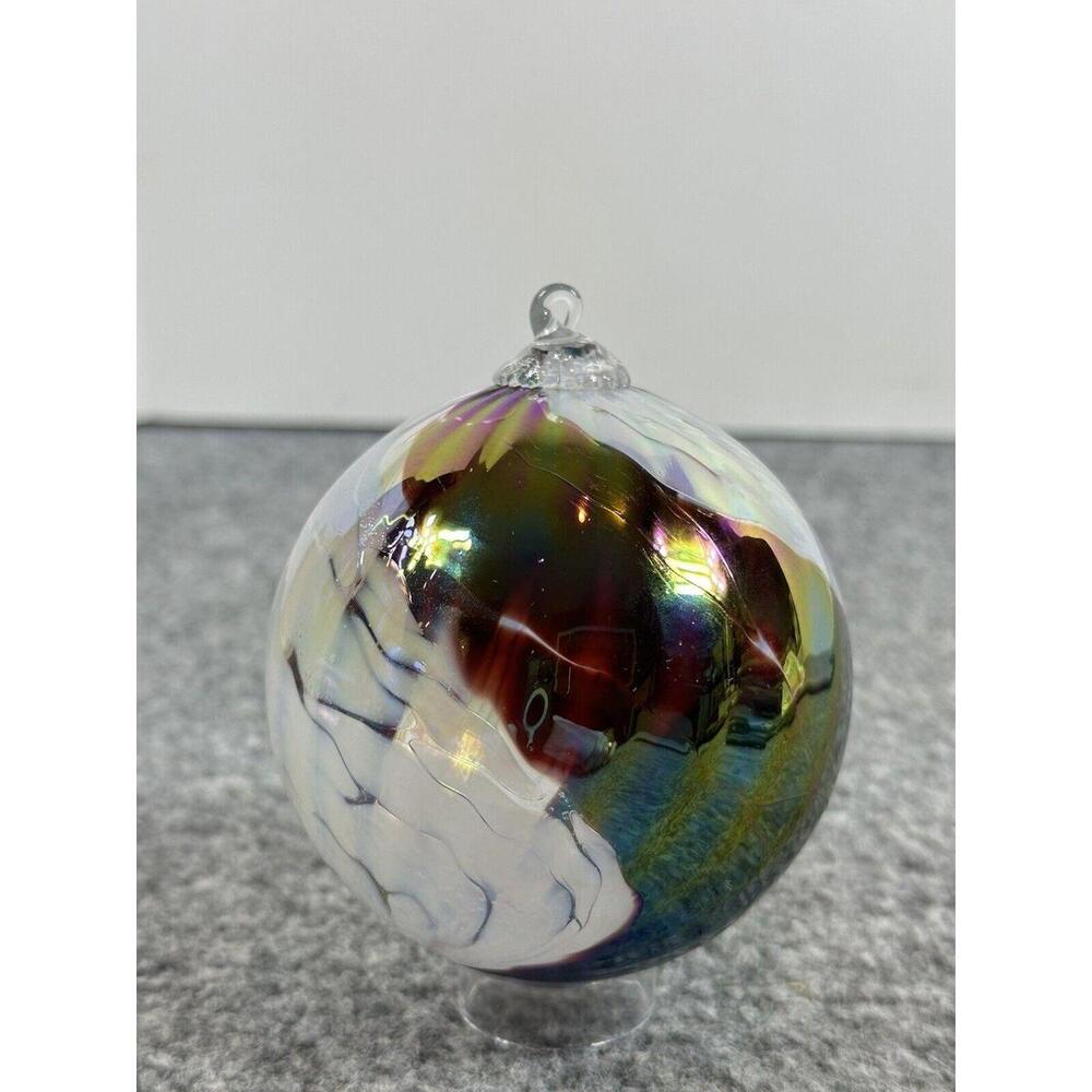 Iridescent Hand Blown Glass Ball Ornament Purple Gold White Blue